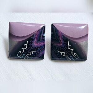 Vintage ATC Big Artisan Southwest Painted Wood STUDDED Earrings Hand Painted